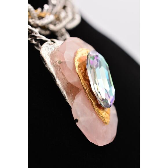 J. Jansen Brutalist Statement Necklace Crystal Pink Stone Chunky Signed Bin6A - Picture 4 of 12